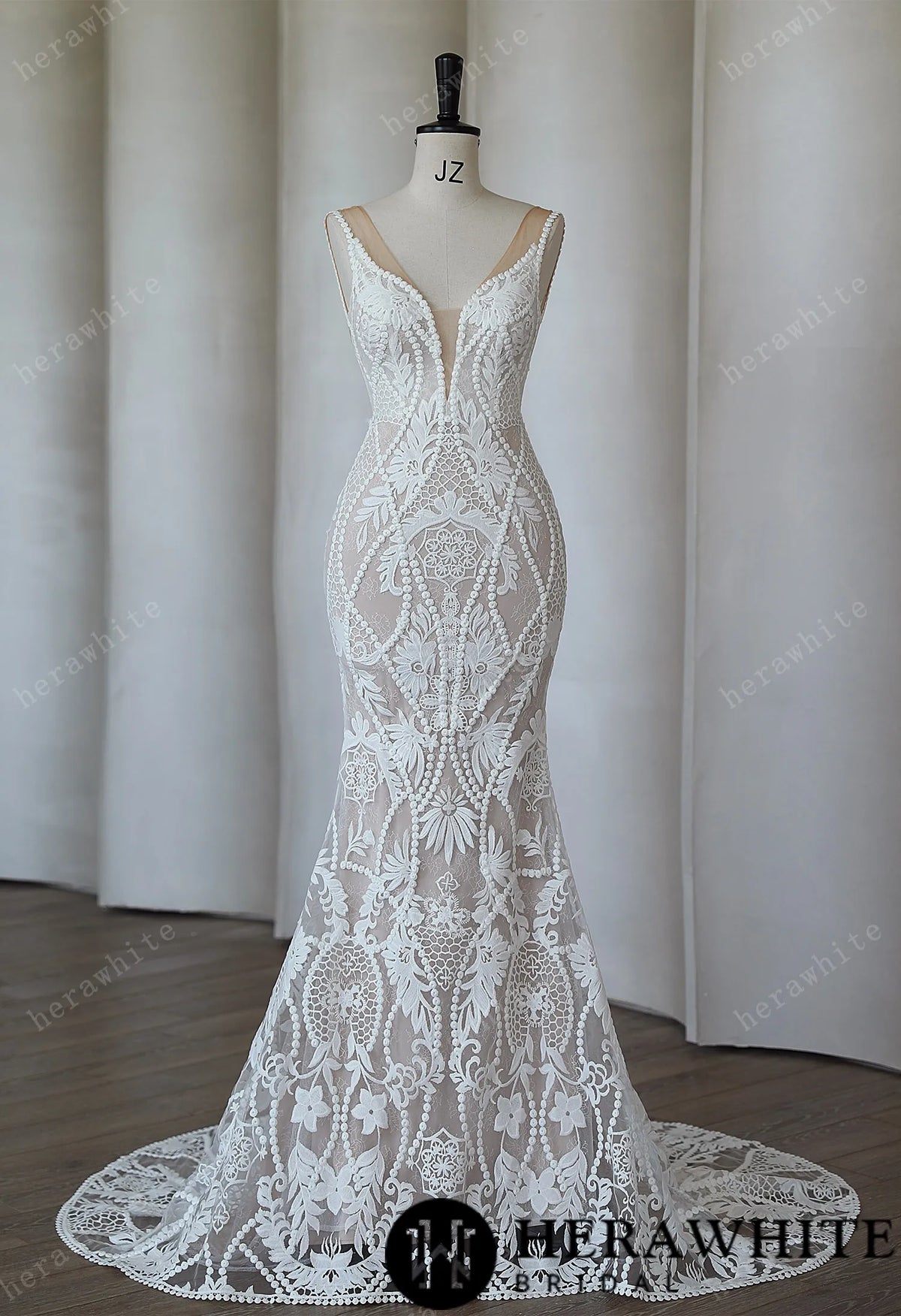 Boho Lace Mermaid Wedding Dress With Deep Plunging V Neck