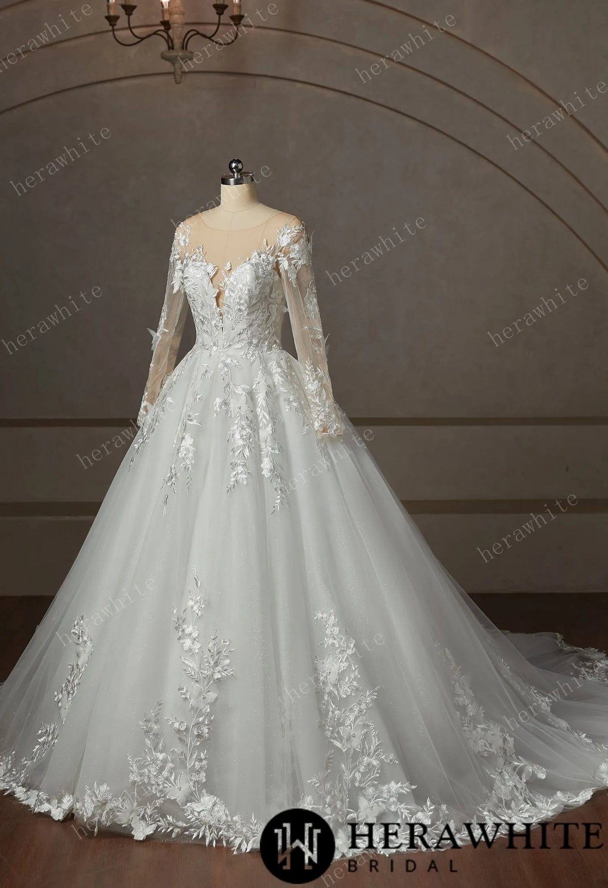 Floral Lace Wedding Dress With Long Sleeve