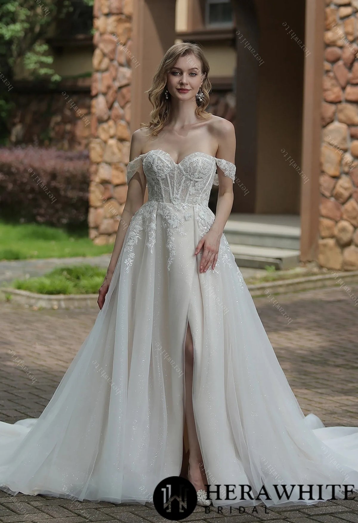 Tulle Off-The-Shoulder Sweetheart Lace Ballgown With Slit