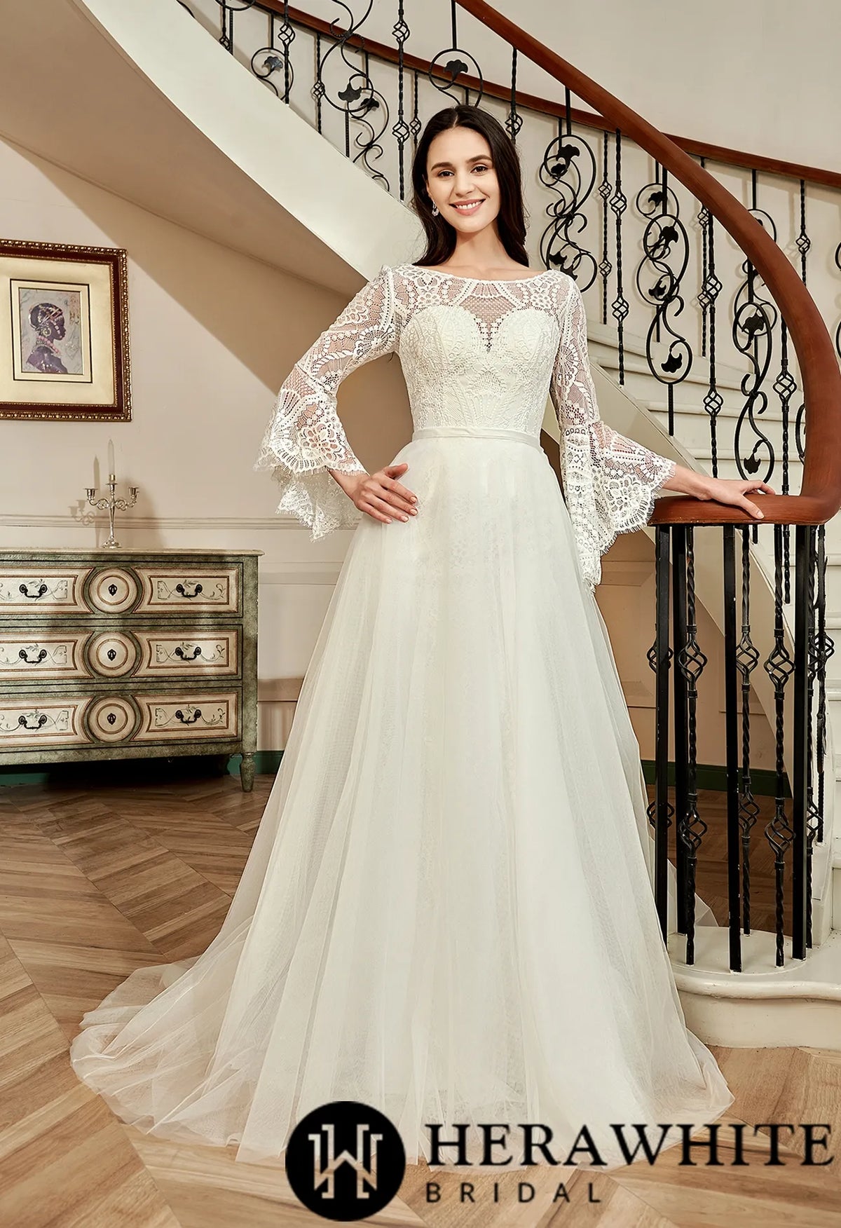 Illusion Neckline Lace Wedding Dress With Removeable Overskirt
