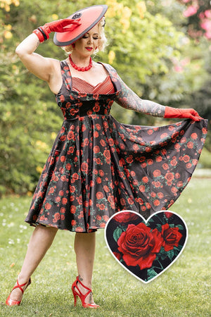 Grace Vintage Style Jive Dress In Black Red Rose