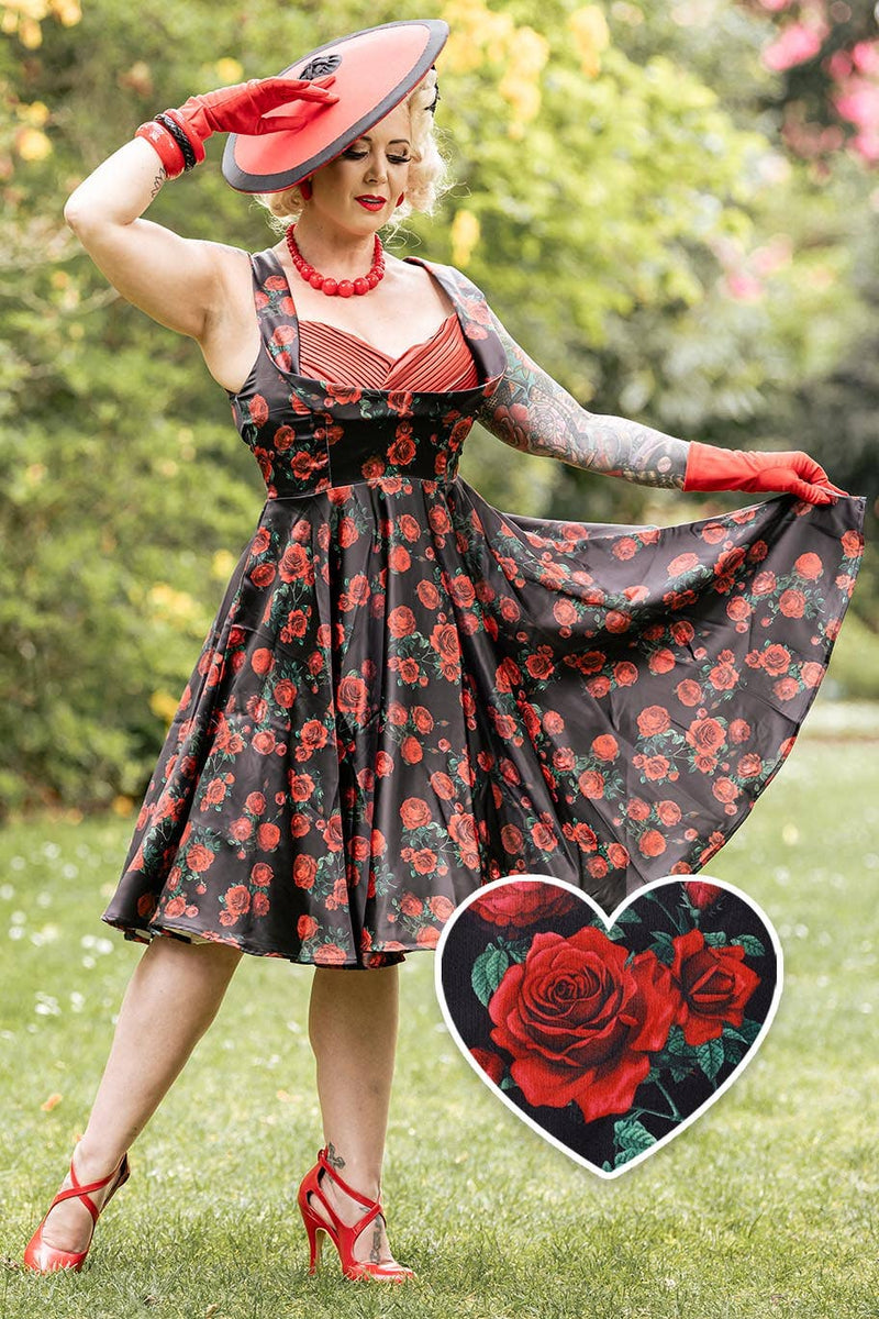 Grace Vintage Style Jive Dress In Black Red Rose
