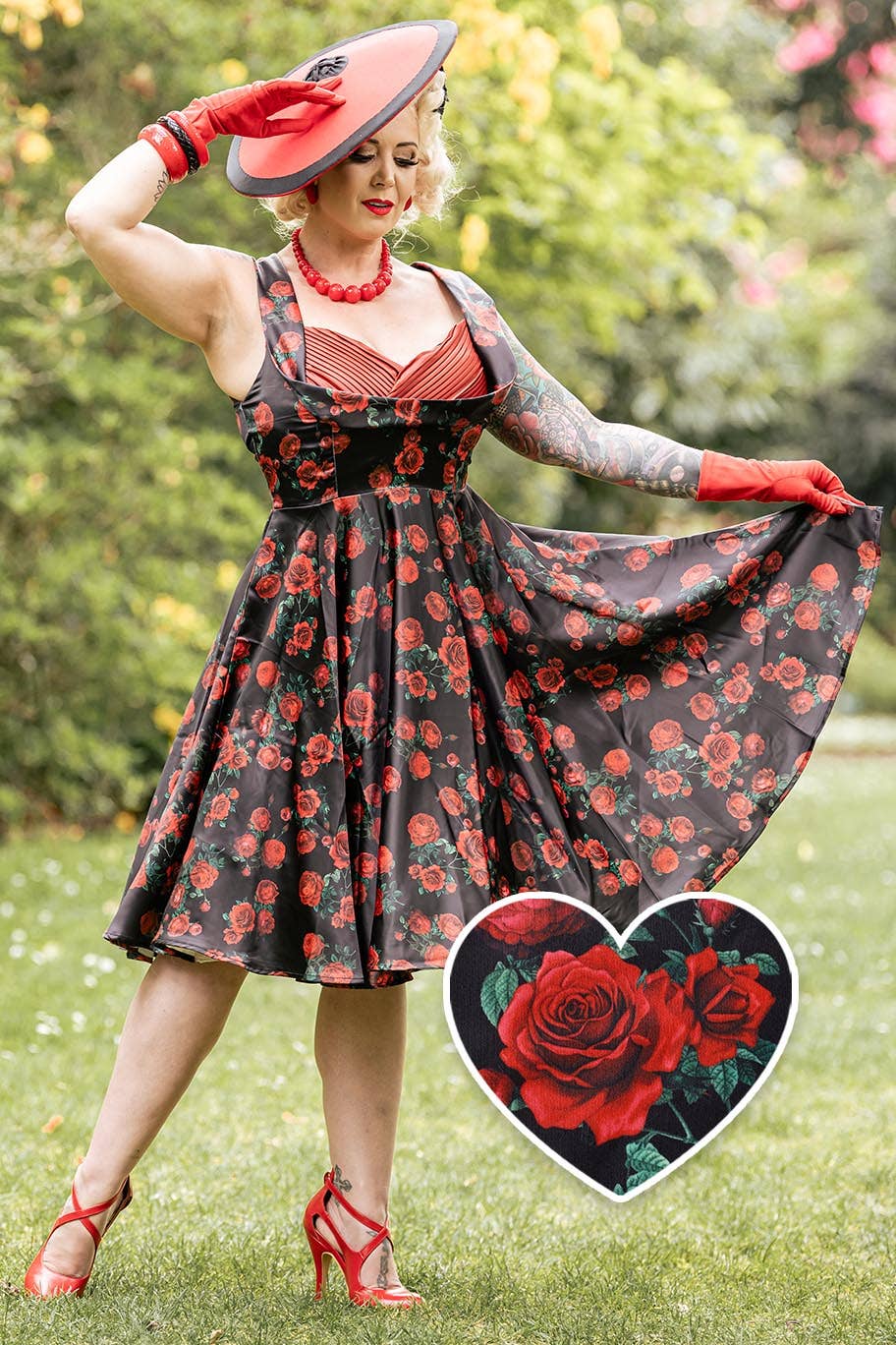 Grace Vintage Style Jive Dress In Black Red Rose