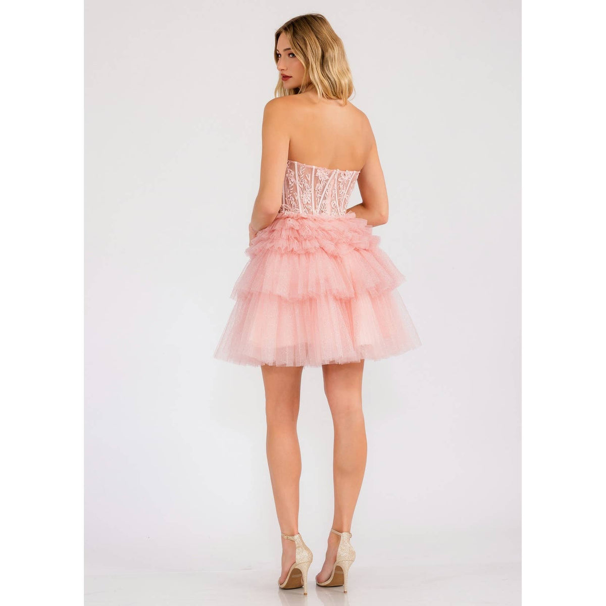 STRAPLESS COCKTAIL GOWN WITH LEAF LACE CORSET BODICE AND RUF
