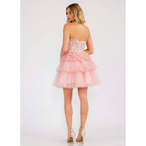 STRAPLESS COCKTAIL GOWN WITH LEAF LACE CORSET BODICE AND RUF