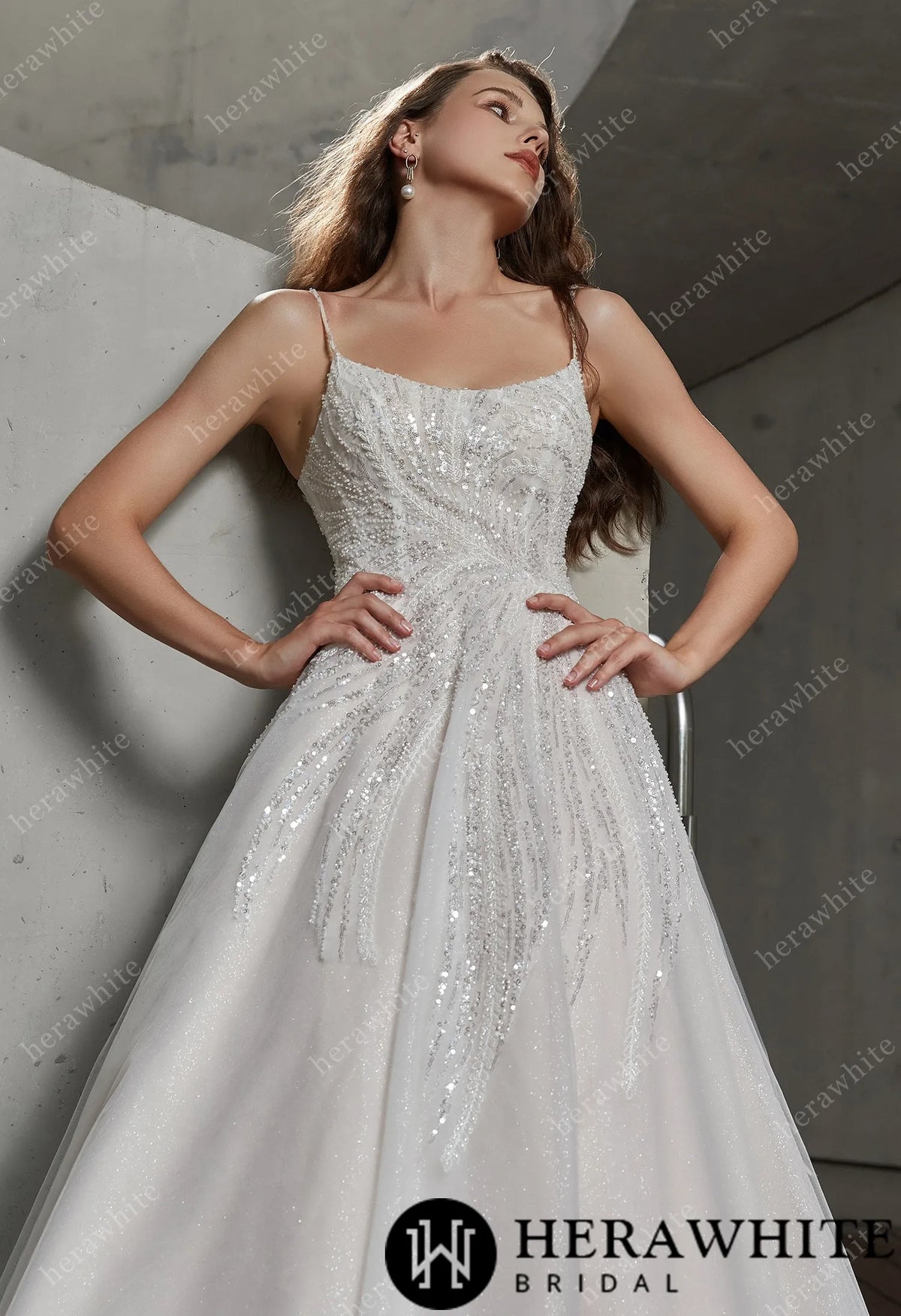 Sparkle Scoop Neckline Wedding Gown with Spaghetti Straps
