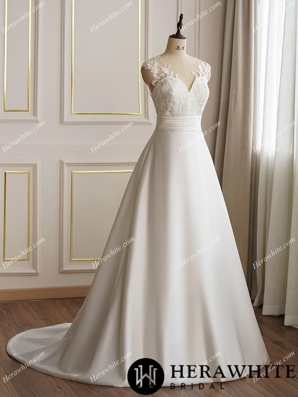 Classic Satin A-line Wedding Dress With Illusion Back