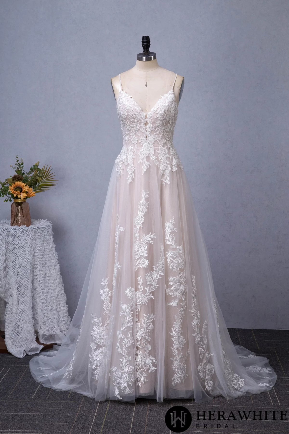 Gorgeous Blush V-neck Flower Lace A-Line Wedding Dress