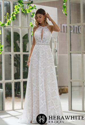 Halter Neckline Lace Bridal Gown With Crisscross Back