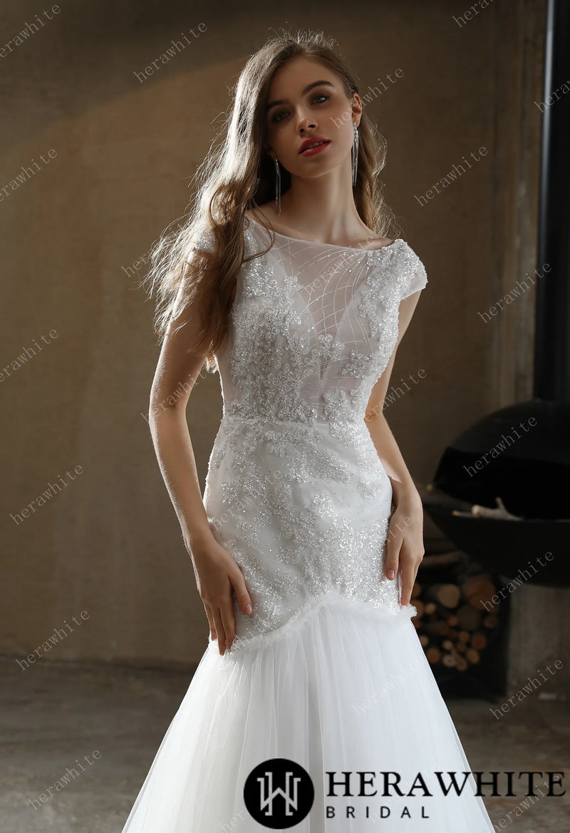 Illusion Bateau Neckline Beaded Mermaid Wedding Dress