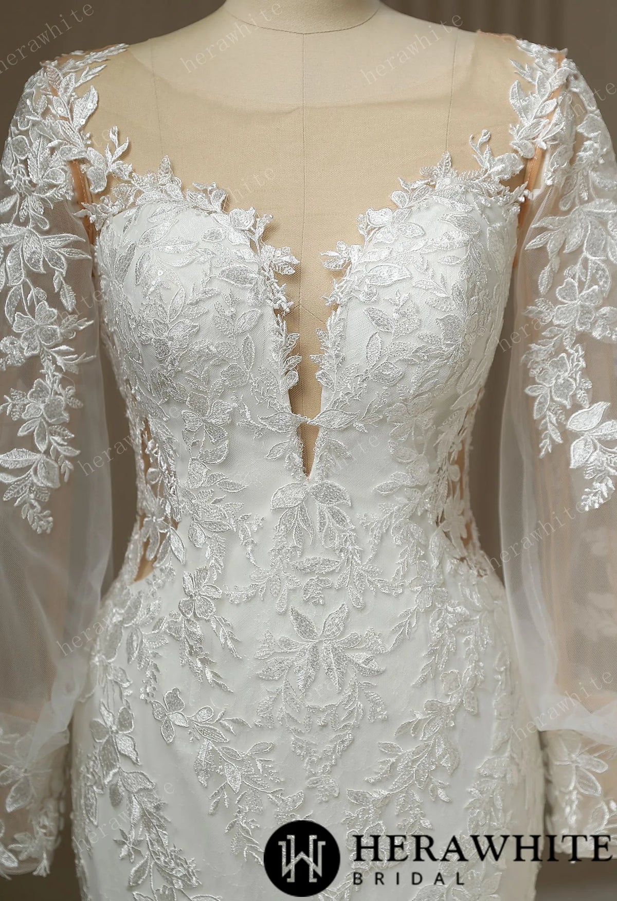 Long Train Mermaid Bridal Lace Wedding Dress With Plunging Neckline