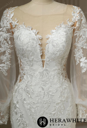 Long Train Mermaid Bridal Lace Wedding Dress With Plunging Neckline
