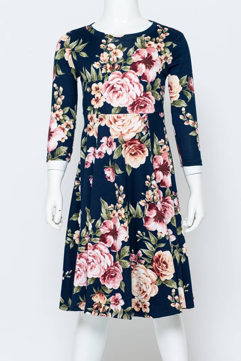 Girl's Princess Seam A-Line Dress with Full Skirt: MUSTARD FLORAL / XL (11/12Y)