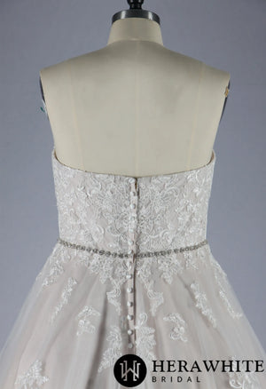 Blush Strapless Ball Gown Wedding Dress With Lace Motifs