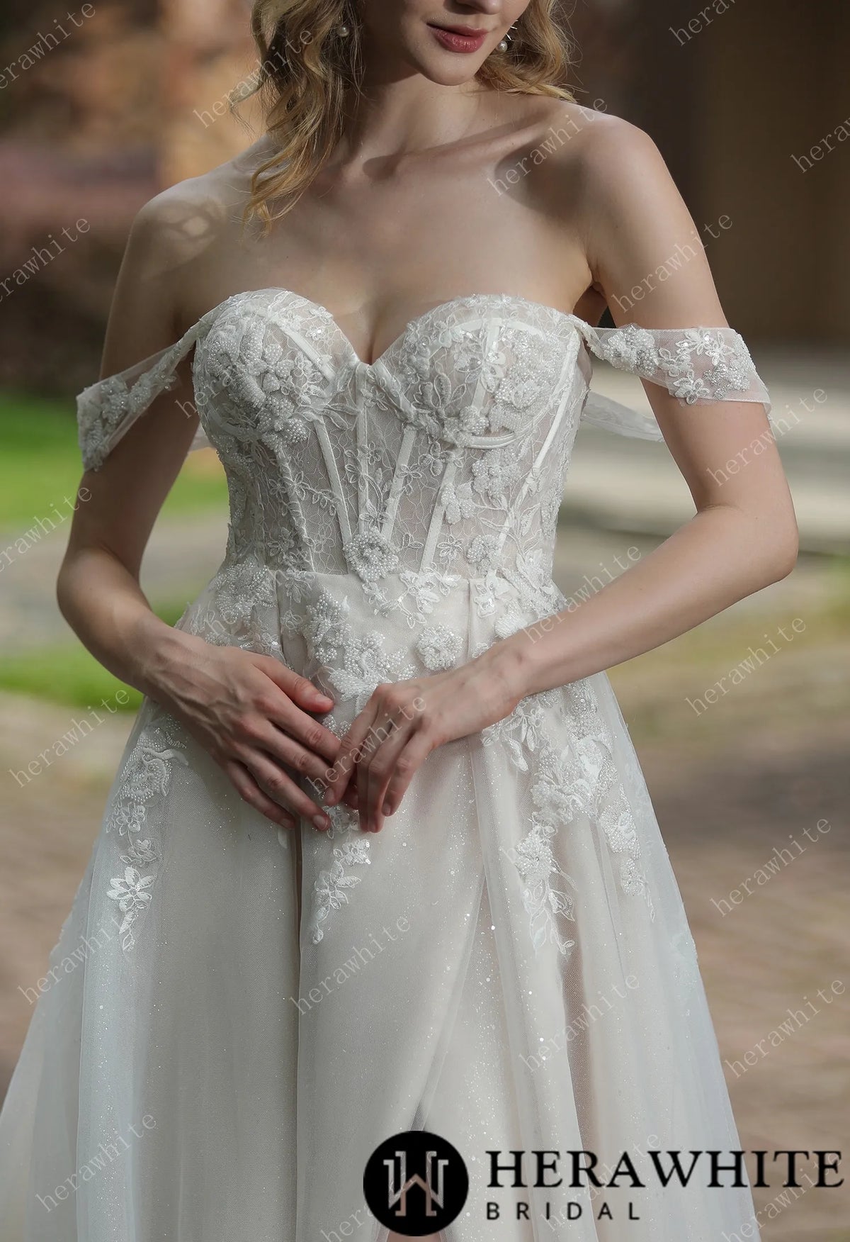 Tulle Off-The-Shoulder Sweetheart Lace Ballgown With Slit