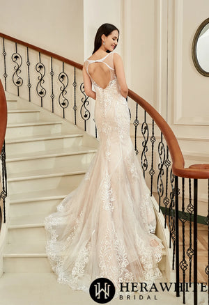 Blush Illusion Neckline Lace Appliques Mermaid Wedding Dress