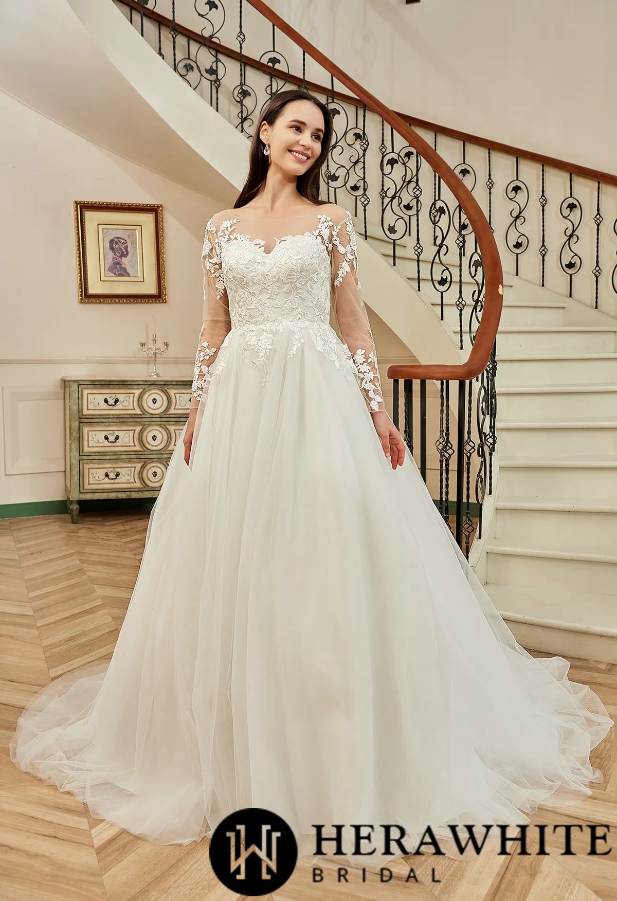 Illusion Long Sleeve Chapel Train Lace Wedding Dress