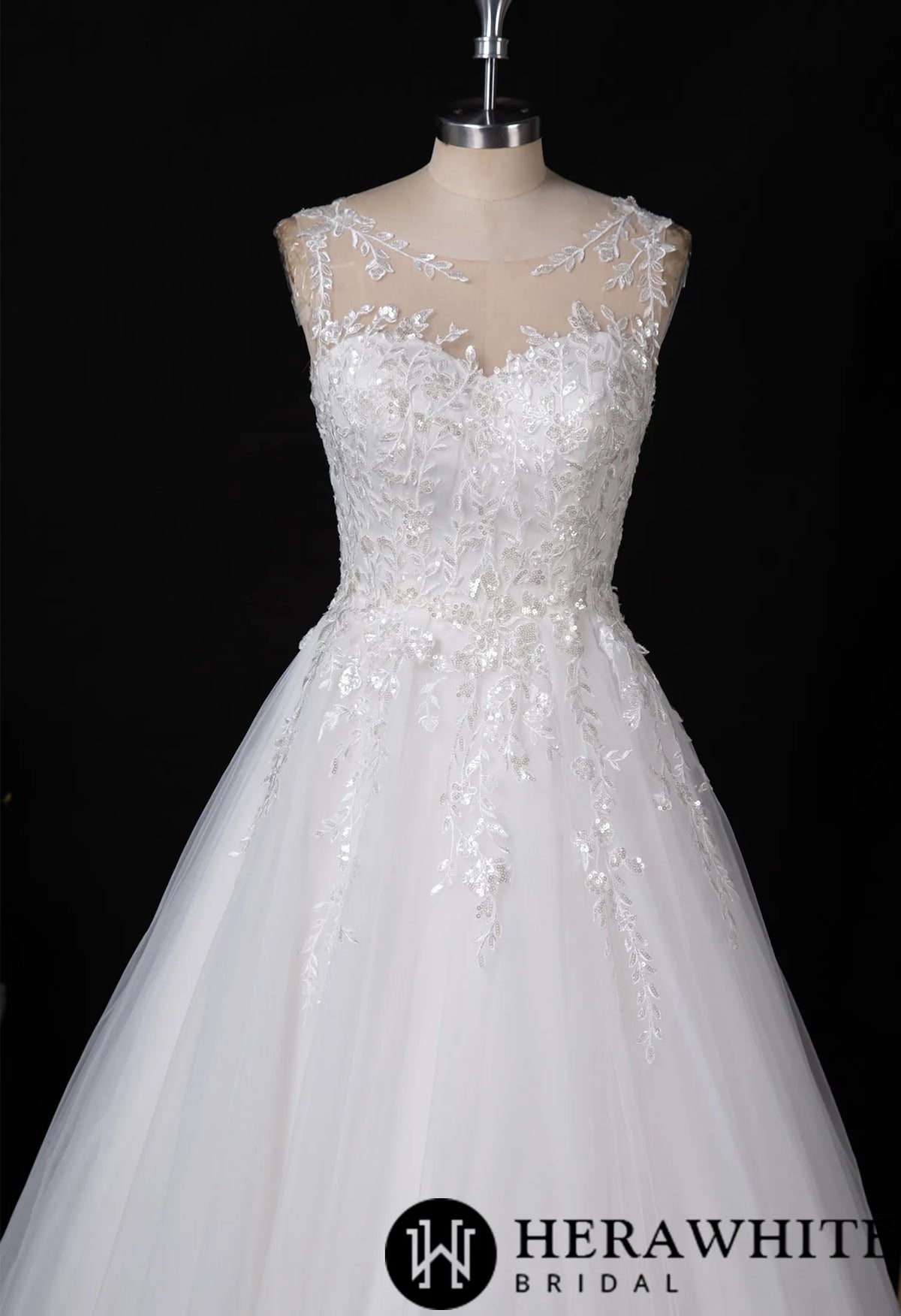 Shimmering Sequin Lace Bateau Wedding Gown