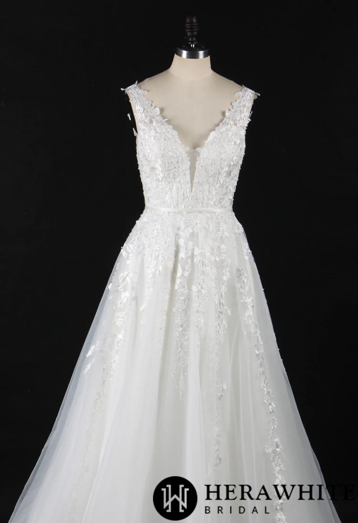 Plunging V-Neck Beaded Lace Wedding Dress