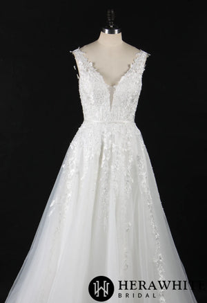 Plunging V-Neck Beaded Lace Wedding Dress