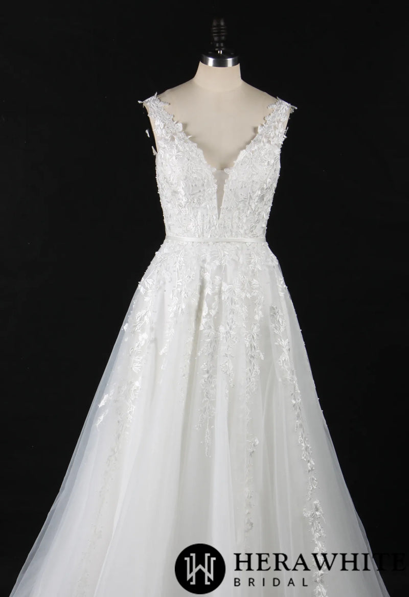 Plunging V-Neck Beaded Lace Wedding Dress