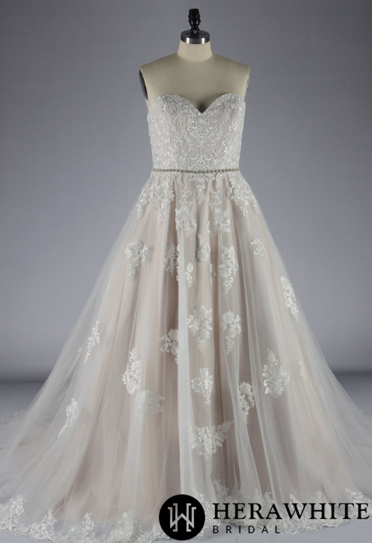 Blush Strapless Ball Gown Wedding Dress With Lace Motifs