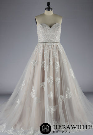 Blush Strapless Ball Gown Wedding Dress With Lace Motifs