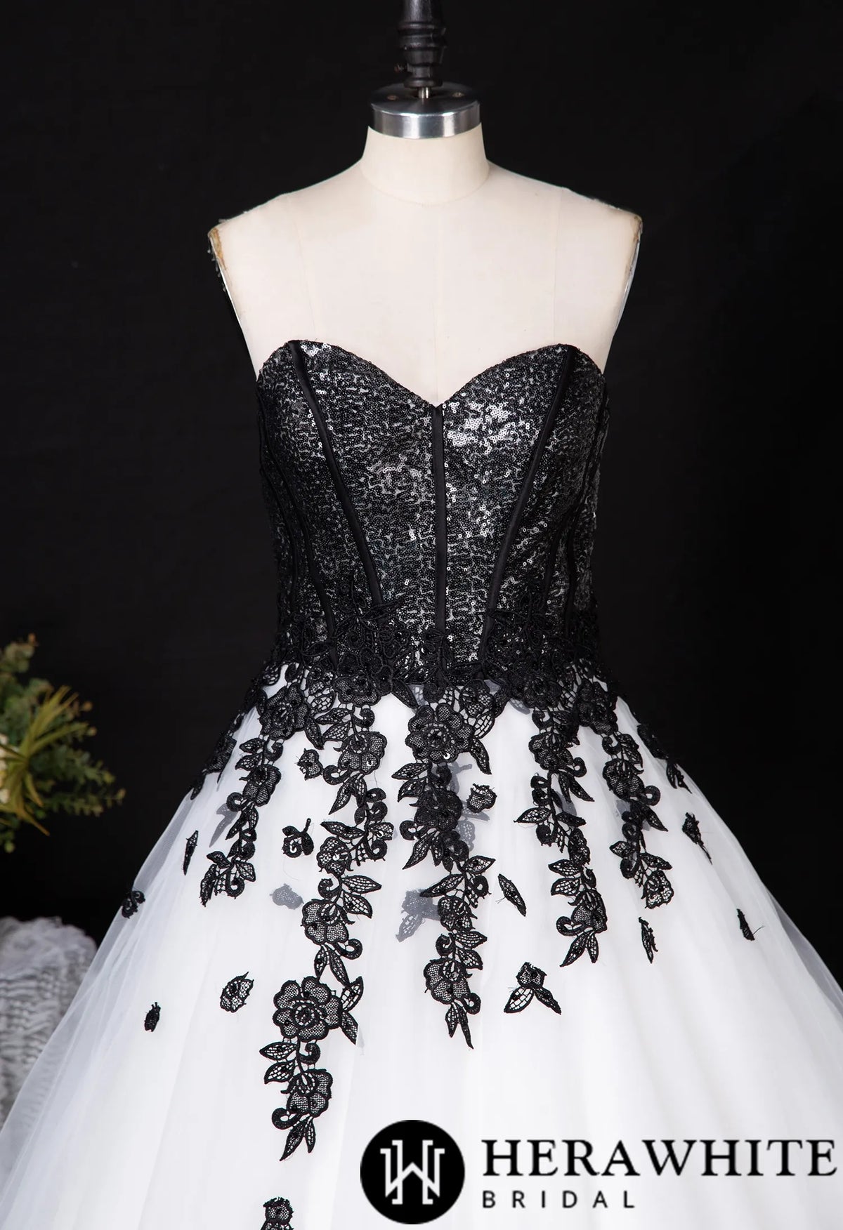 Sweetheart Sequin Ballgown With Black Floral Motifs