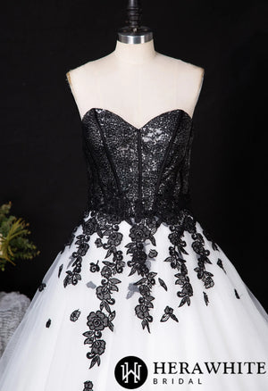 Sweetheart Sequin Ballgown With Black Floral Motifs