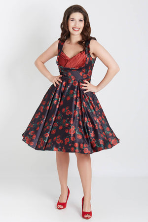 Grace Vintage Style Jive Dress In Black Red Rose