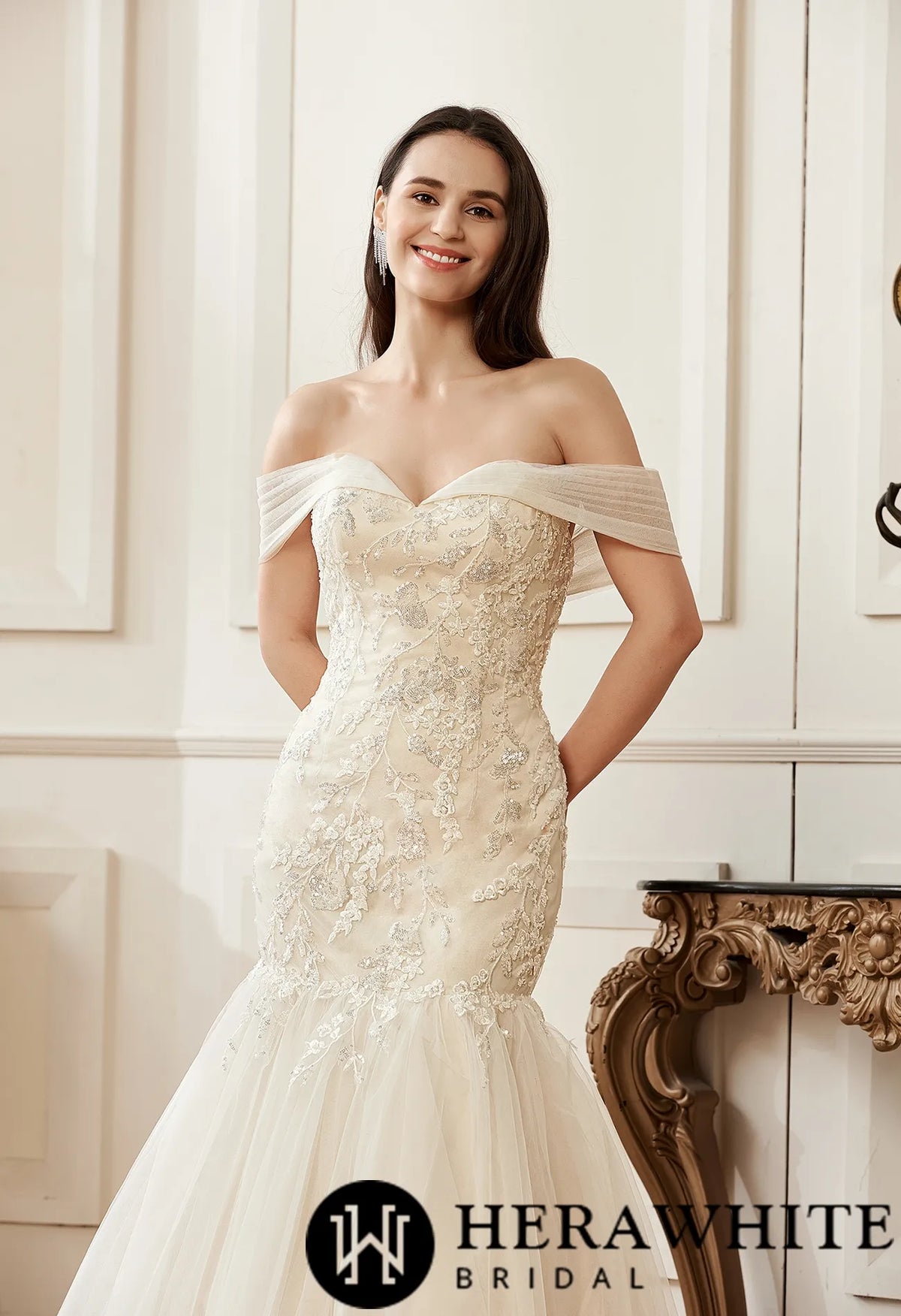 Off-the-Shoulder Mermaid Chapel Train Sequined Tulle Wedding Dress