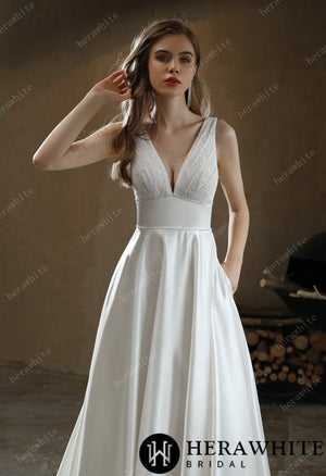 Timeless Satin V-neck Bridal Gown with Chapel Train