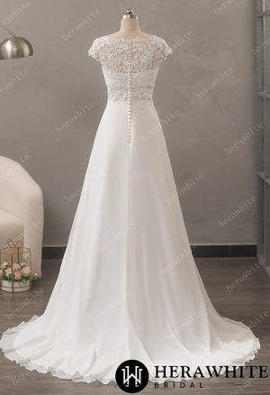 Chiffon Lace A-Line Wedding Dress with Cap Sleeve