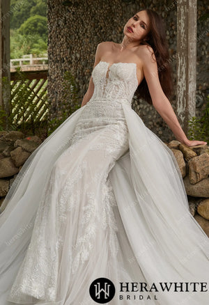 Beaded Sequins Lace And Detachable Overskirt Wedding Dress