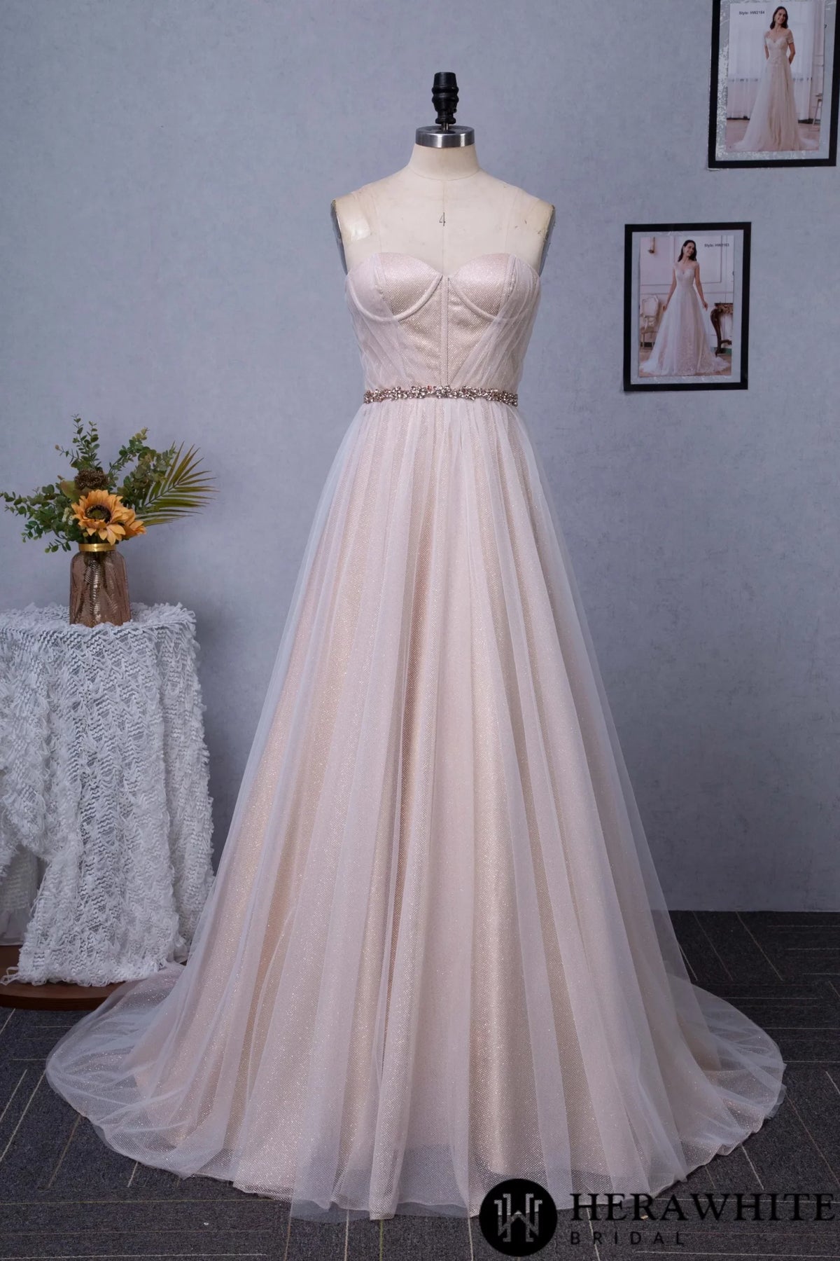 Shimmer Pink Nude Sweatheart Corset Sparkle Tulle Bridal Gown