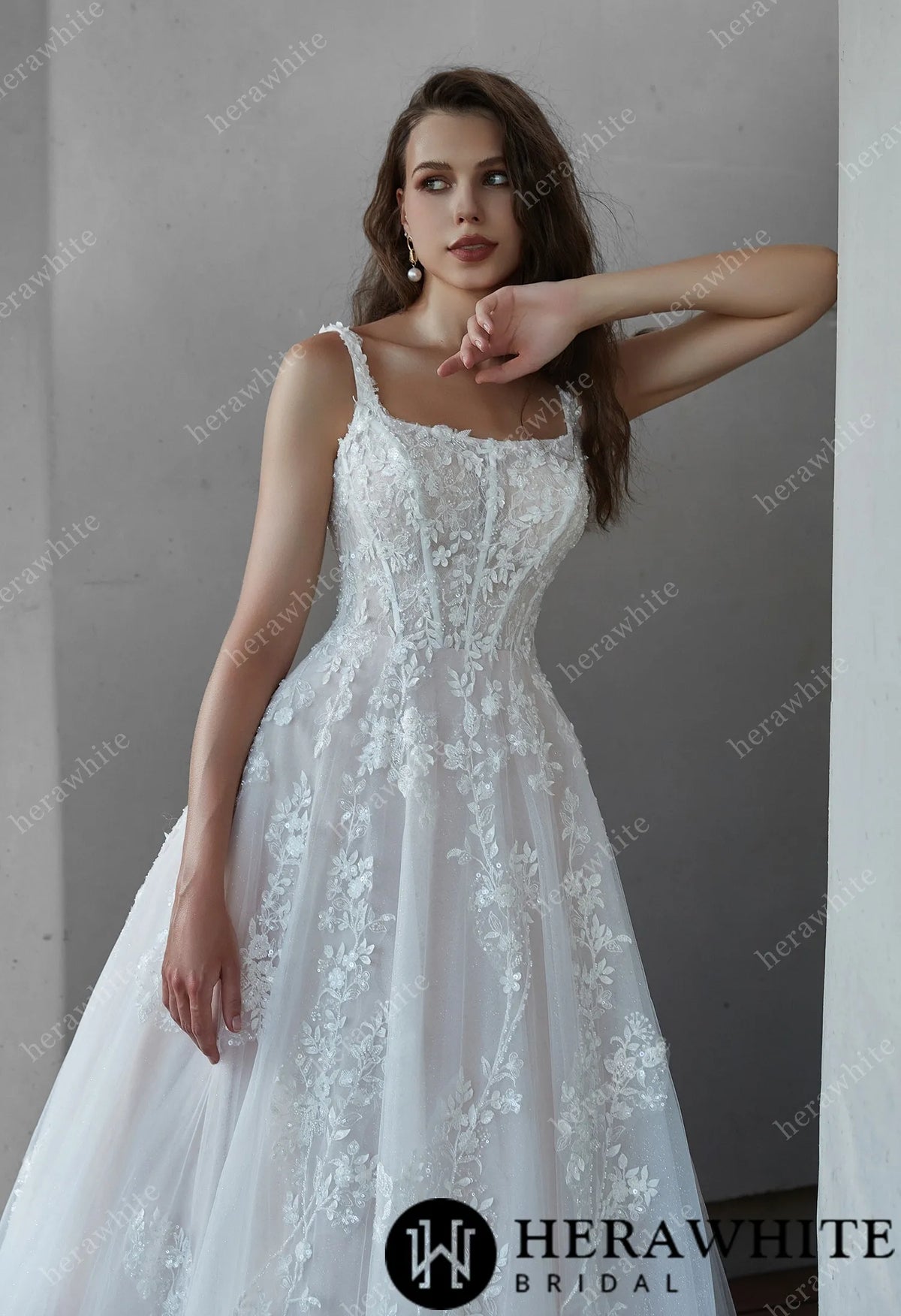 Square Neckline Delicate Bead Lace Wedding Dress