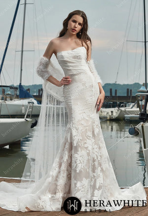 Strapless Mermaid Organza Wedding Dress with Detachable Shawl