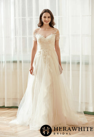 Romantic Off the Shoulder Illusion Pleated Bodice Tulle Bridal Gown