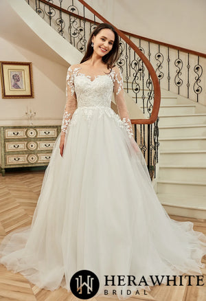 Illusion Long Sleeve Chapel Train Lace Wedding Dress