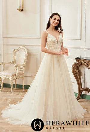 Champagne Romantic Spaghetti Straps  A-Line Wedding Dress