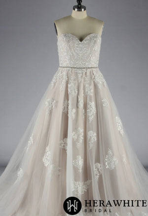 Blush Strapless Ball Gown Wedding Dress With Lace Motifs