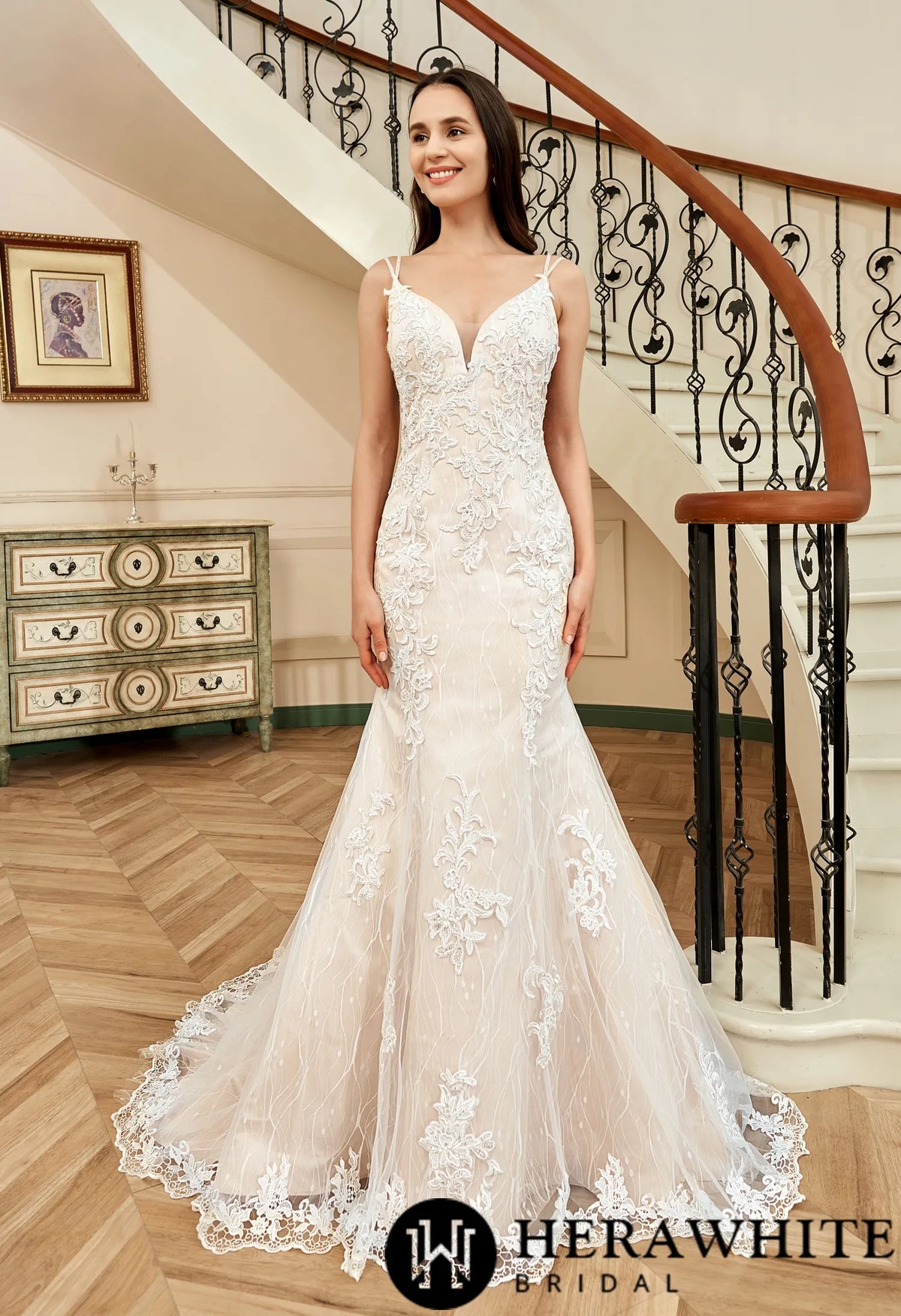 Pink Nude Fit And Flare With Beaded Straps Floral Lace Wedding Dress