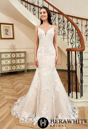 Pink Nude Fit And Flare With Beaded Straps Floral Lace Wedding Dress