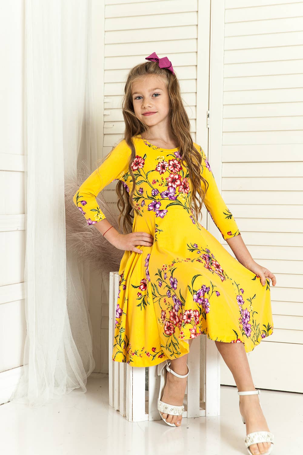 Girl's Princess Seam A-Line Dress with Full Skirt: MUSTARD FLORAL / M (7/8Y)