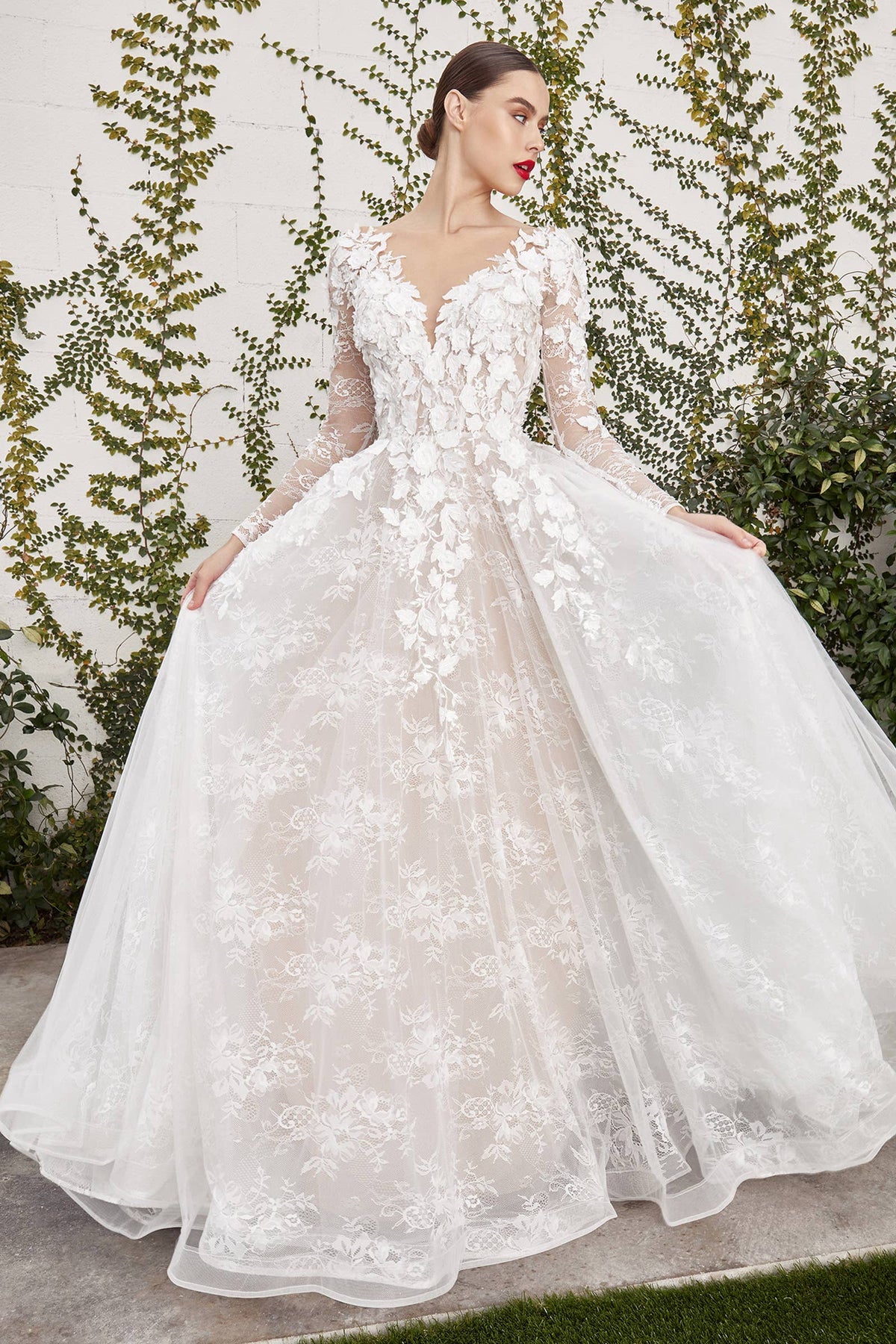 LONG SLEEVE WEDDING BLL GOWN WITH LACE LAYERS & APPLIQUE