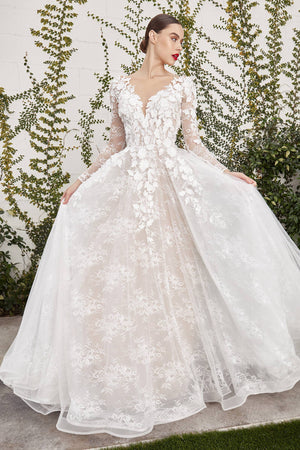LONG SLEEVE WEDDING BLL GOWN WITH LACE LAYERS & APPLIQUE