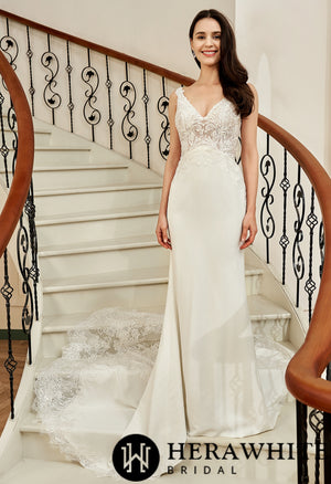 Motifs Crepe Sheath Shaped Court Lace Train Wedding Dress