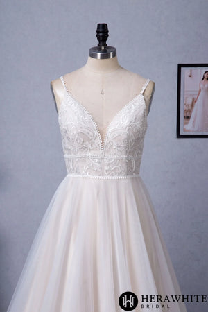Champagne Romantic Spaghetti Straps  A-Line Wedding Dress