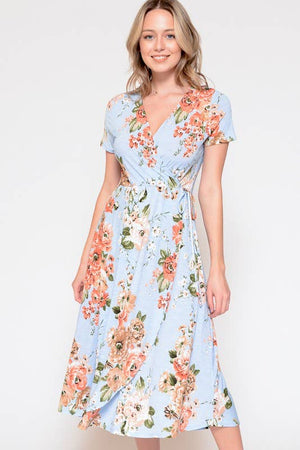 X201500D-Plus Size Floral Wrap Dress: 1X / Blue/Coral