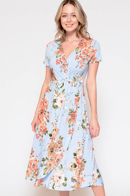 X201500D-Plus Size Floral Wrap Dress: 1X / Blue/Coral